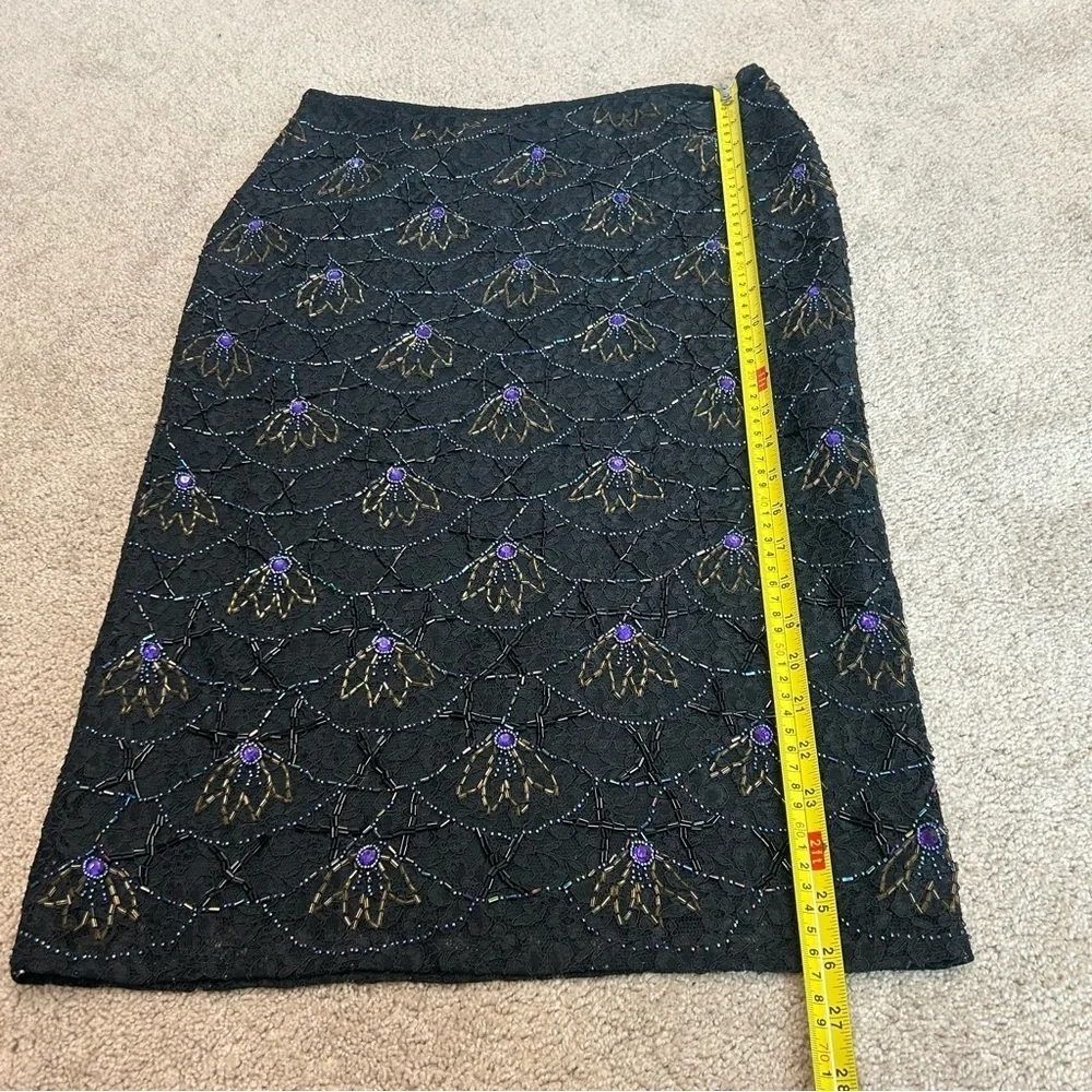 Press & Bastyan black purple beaded lace midi pencil skirt Sz 10